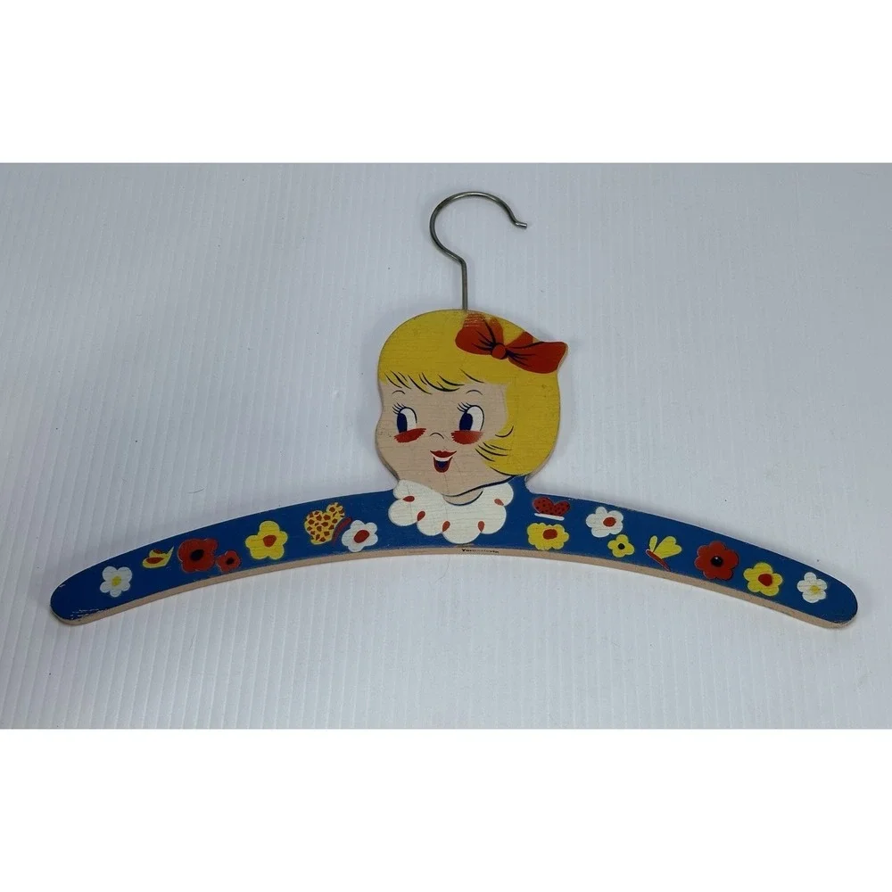 Vintage Wood Wooden Childs Clothes Hanger 1940s Painted Girl Ribbon Yogoslavia